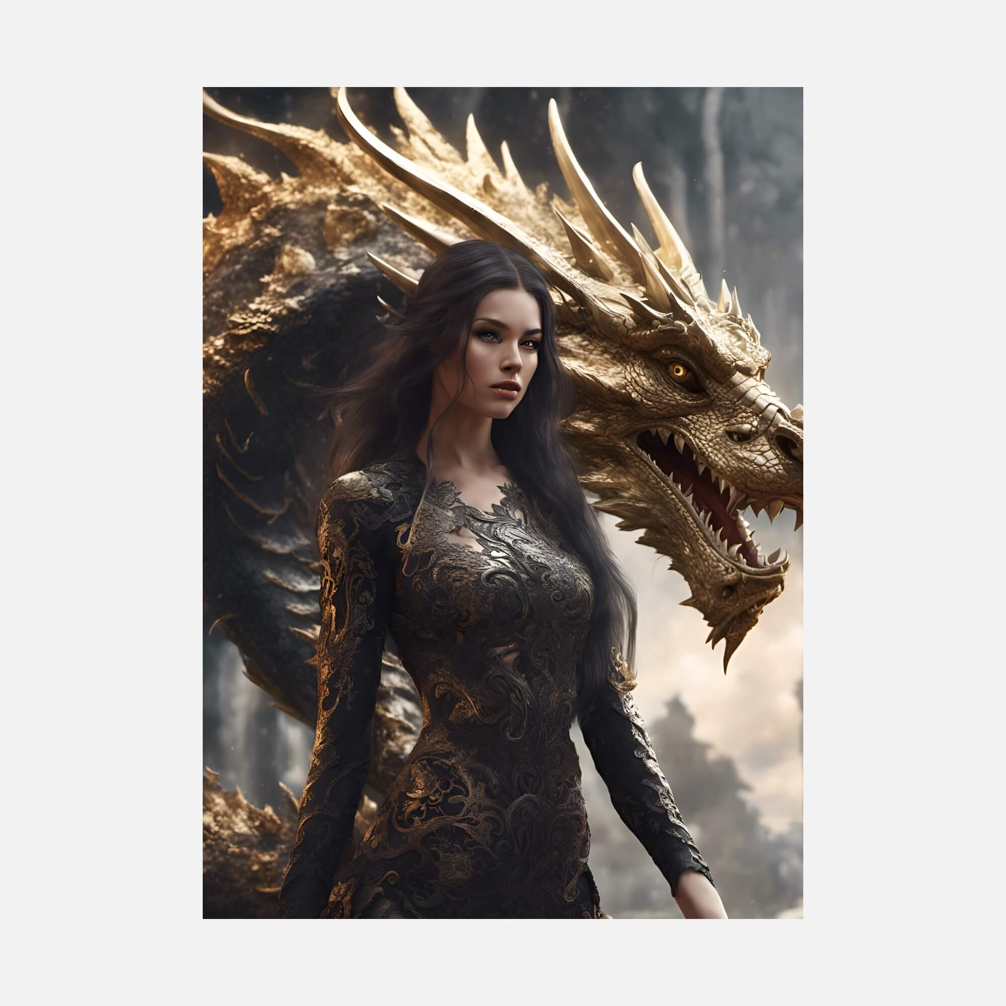 Woman with Gold Dragon - Art Print