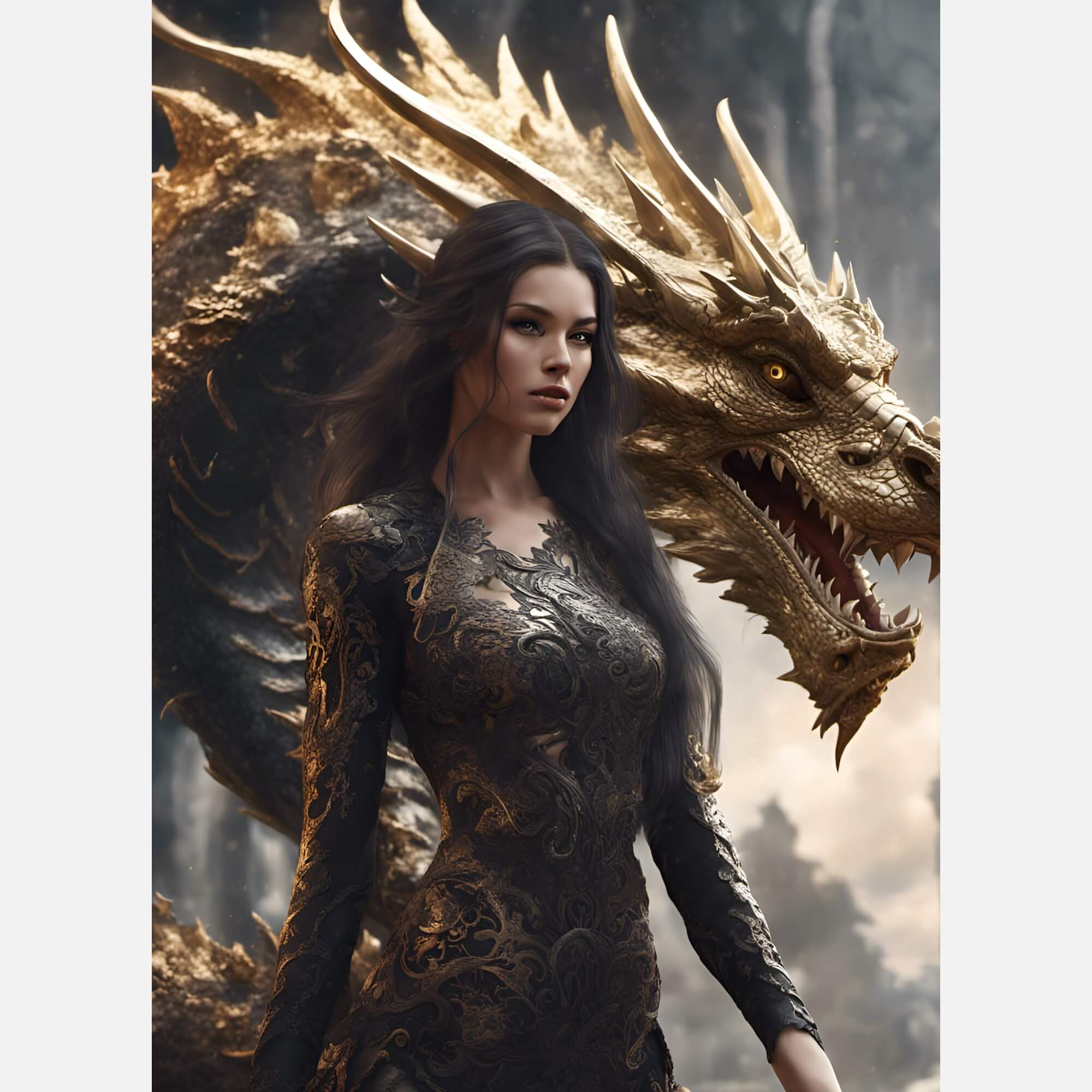 Woman with Gold Dragon - Art Print
